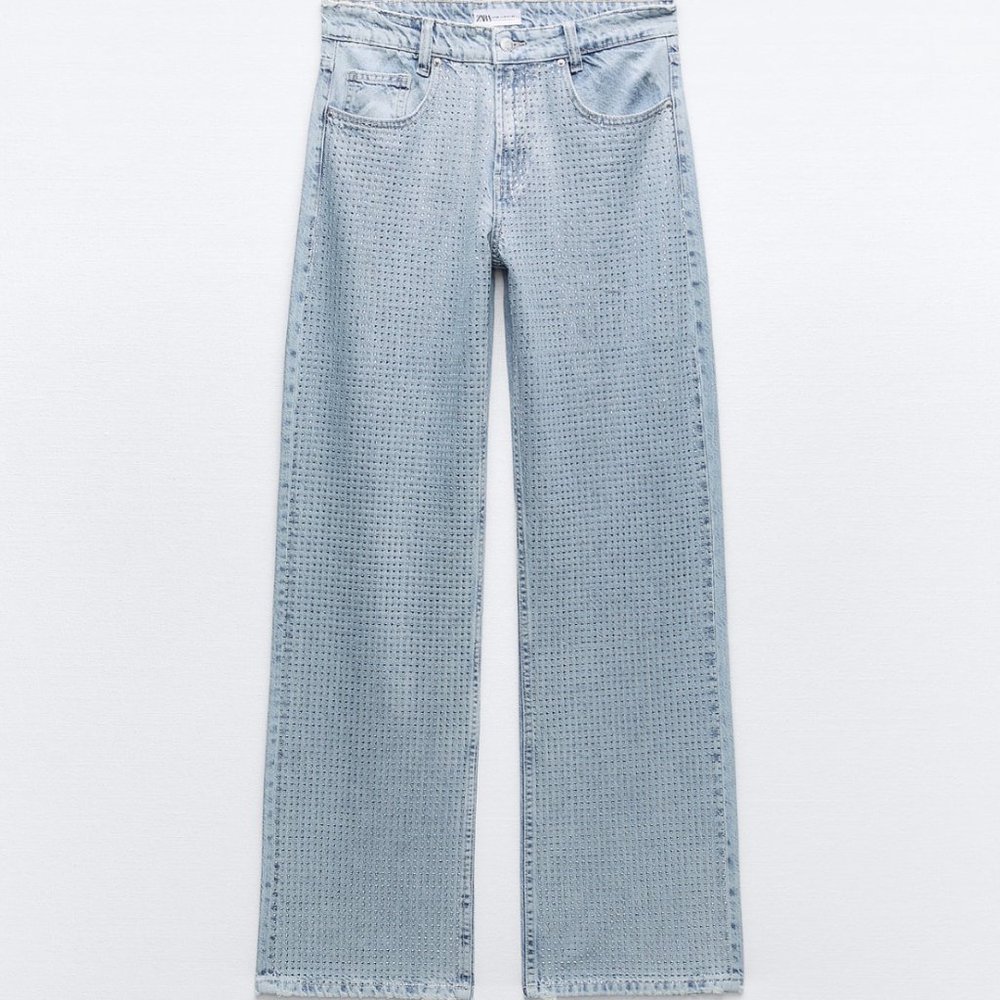 NWT Light Blue Wide Leg Jeans w/ Rhinestone Appliqués, 6